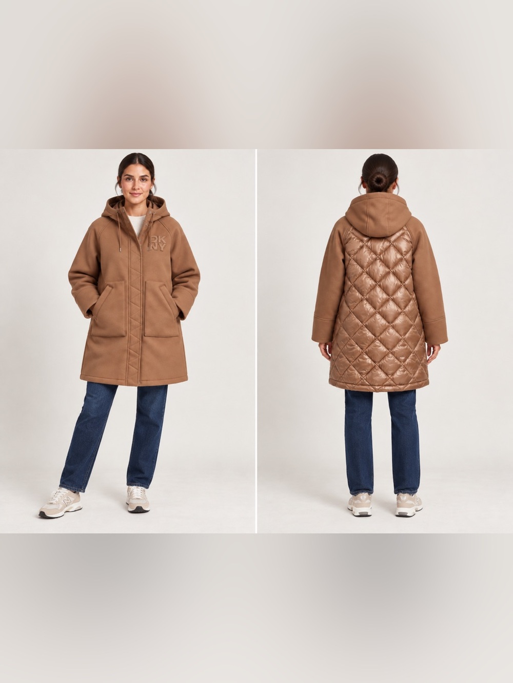 DKNY Jeans Camel Brown Hooded Mixed Media Quilted Back Coat
